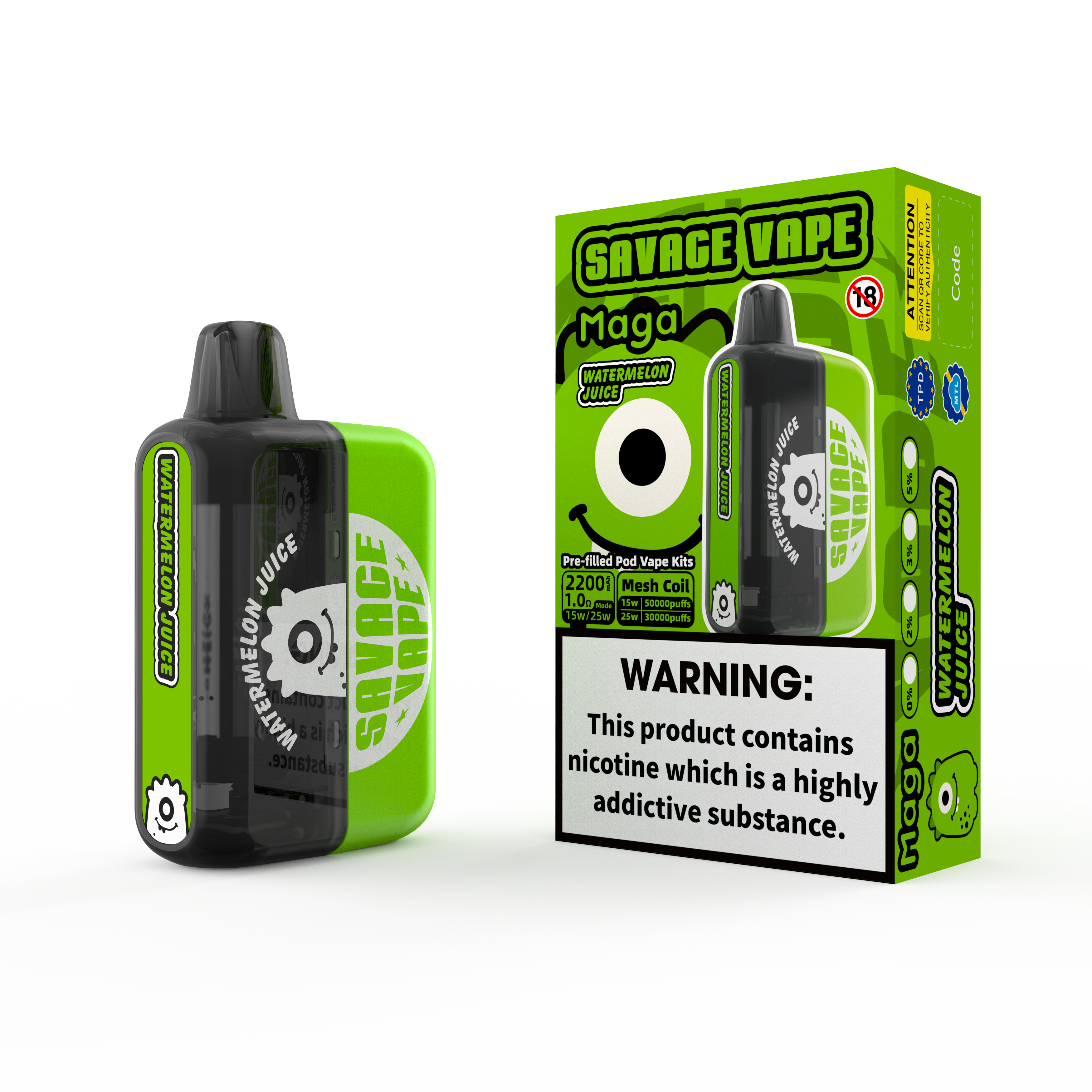 2025 NOVO DESIGN DESIGN EU SAVAGE SAVAGE MAGA 50000 PUFF PUFF Preenchido Kits de cartucho pré-enchidos Vape descartável 50k-Watermelon Juice