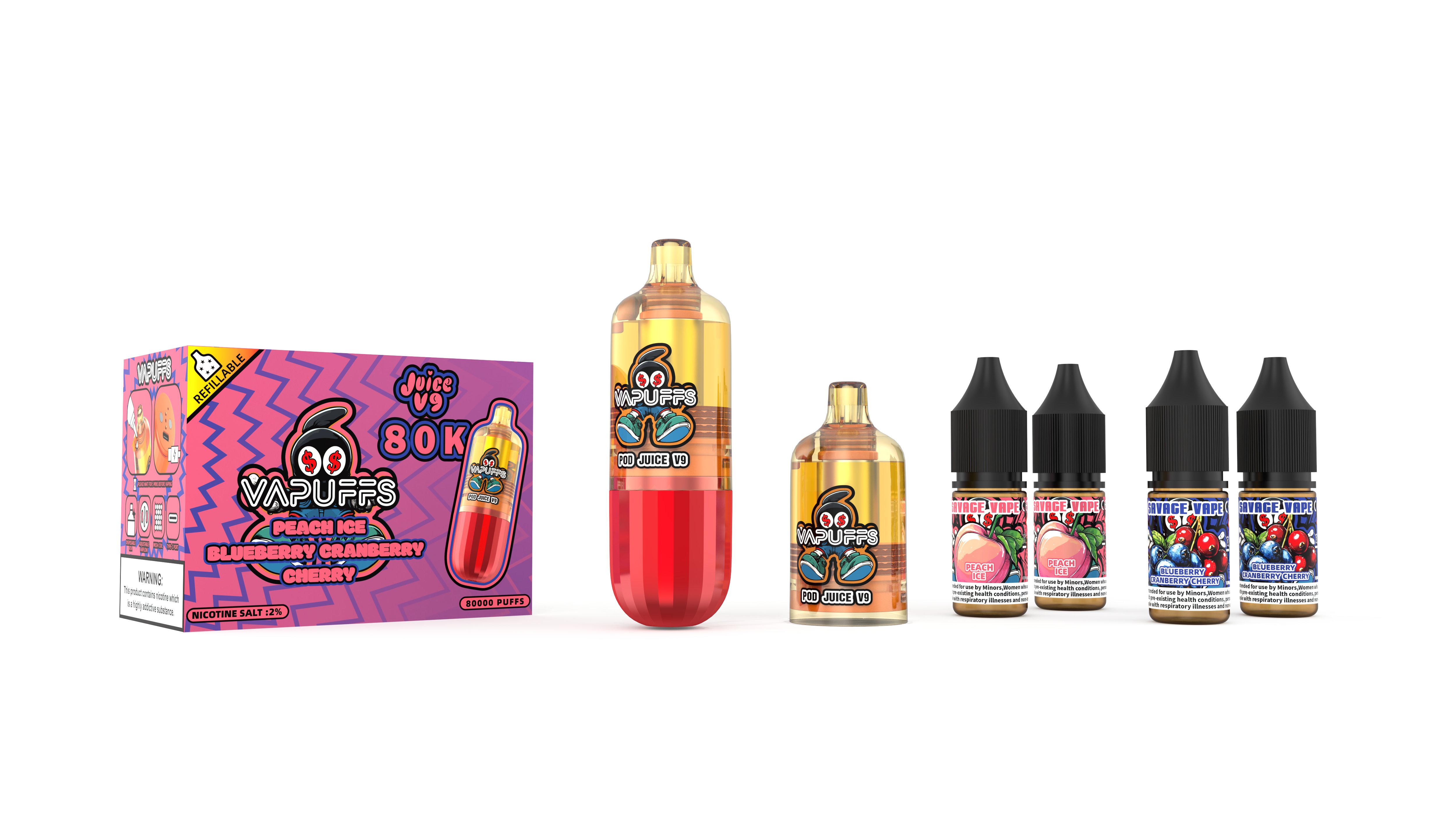 2025 Novo design UE Warehouse Vapuffs Juicy V9 80k Puffs Kits recarregáveis ​​descartáveis ​​Pods +4 E-liuqid Vape-Pêssego de alta qualidade Gelo / Mirtilo Cranberry Cereja