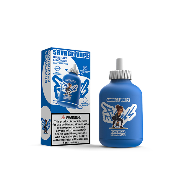 Savage Fitness 30000 Puffs Vape Descartável 30k E Cigarro Fluxo de Ar Ajustável 30ml Nic Sal Líquido-Azul Razz Limonada