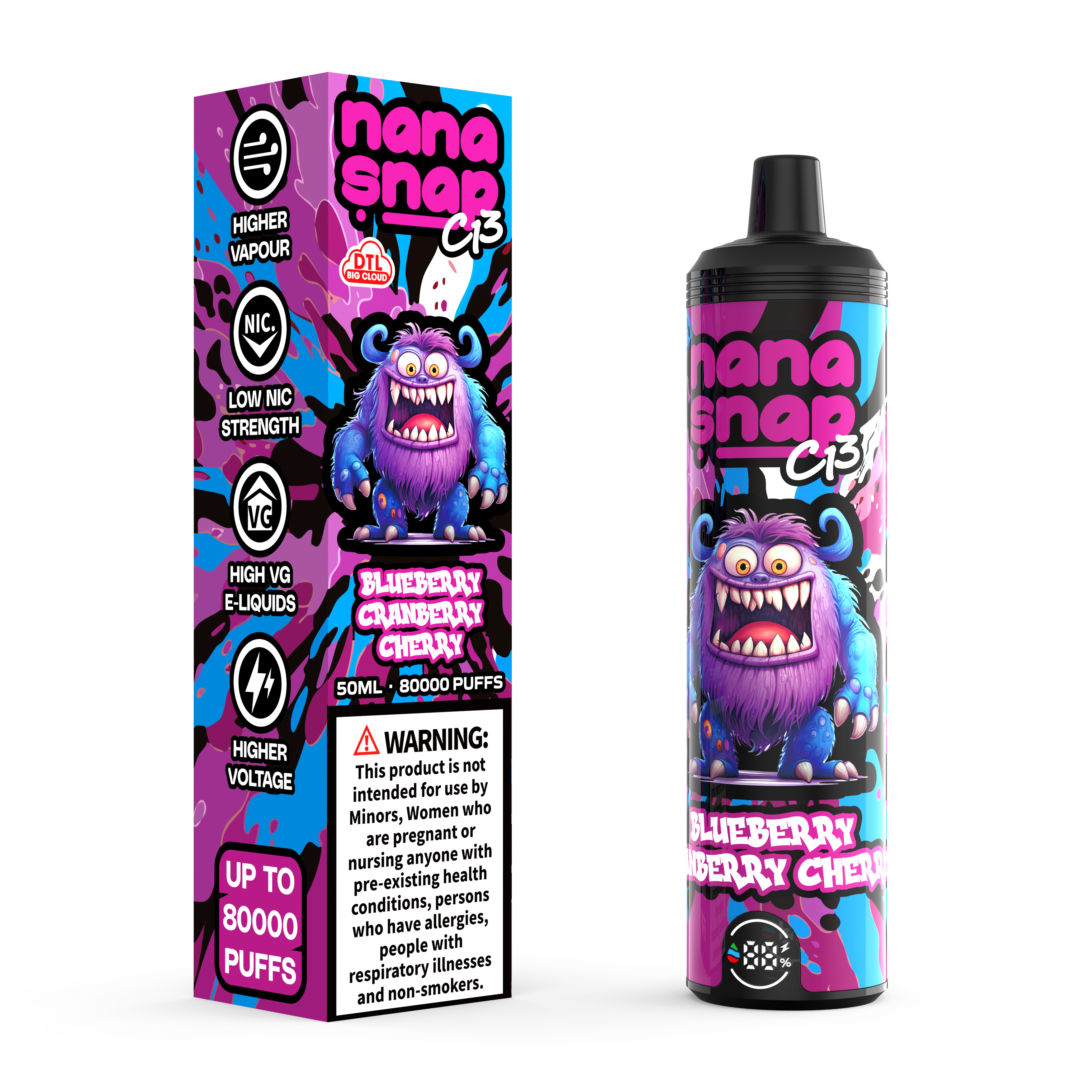 Alta qualidade nanasnap C13 80000 Puff 60000 50000 E Cigarro Pocket Pocket Golso Dtl Vaper 50ml E-líquido bobina de malha dupla bobina UE Vape descartável 80k 60k 50k blueberry cranberry cereja