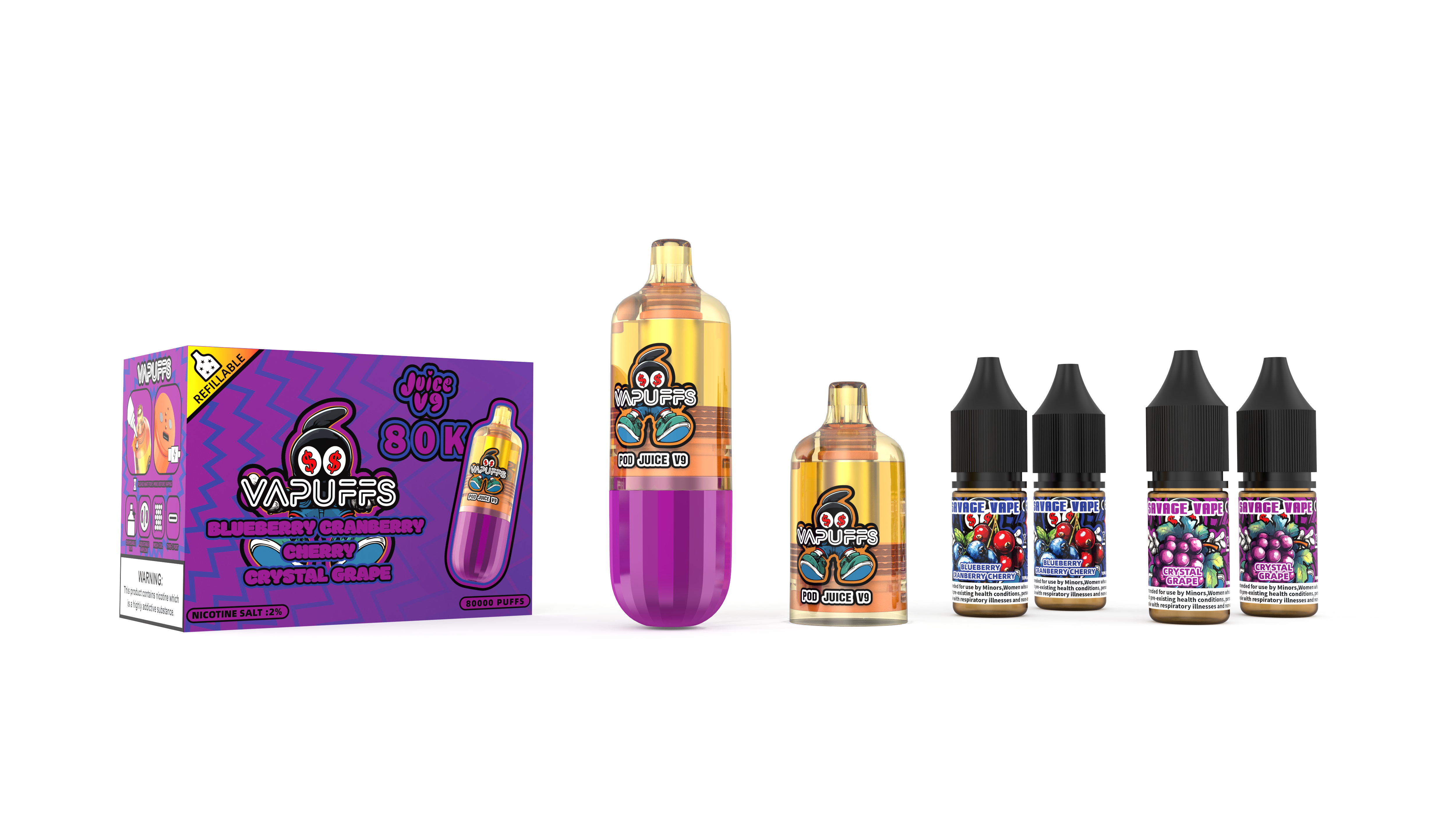2025 Novo Design UE Warehouse Vapuffs Juicy V9 80k Puffs Kits Recarregáveis ​​Descartáveis ​​Pods +4 E-liuqid Alta Qualidade Vape-Blueberry Cranberry Cereja / Uva Cristal
