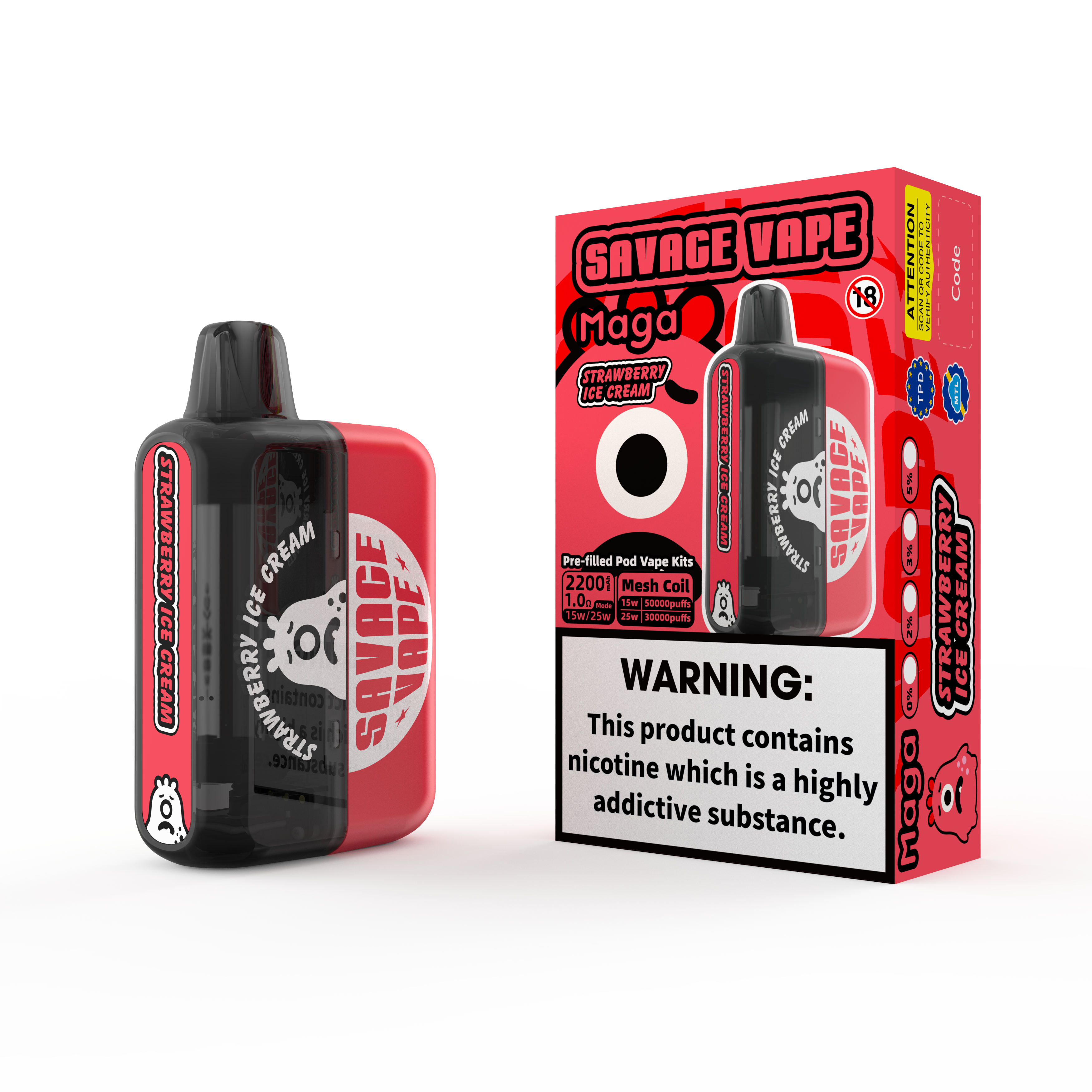 2025 NOVO Design Design UE SAVAGE MAGA 50000 PUFF POFF Preenchido Kits de cartucho pré-enchidos Vape descartável Vape 50k-Strawberry Ice Cream