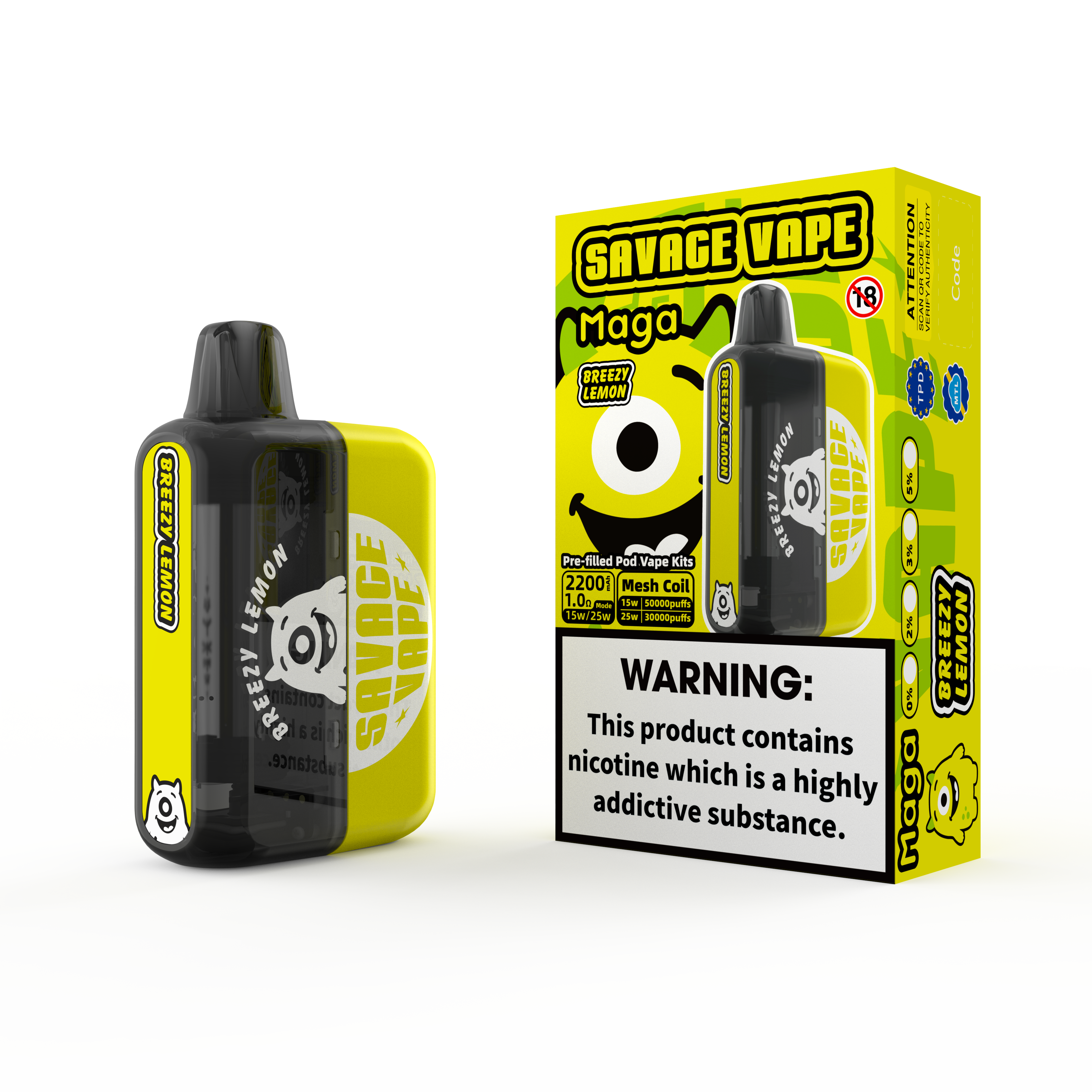 2025 NOVO DESIGN DESIGN EU SAVAGE SAVAGE MAGA 50000 PUFF POFF Preenchido Kits de cartucho pré-enchidos Vape descartável de 50k-breezy limão