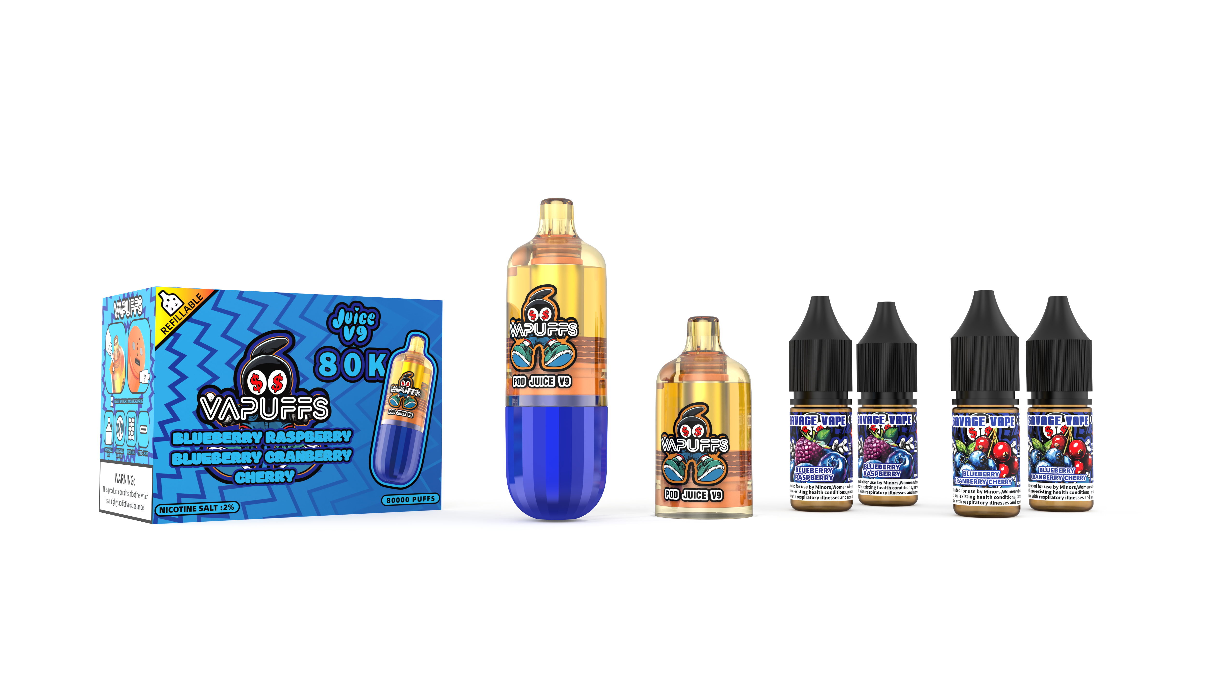 2025 Novo design EU Warehouse Vapuffs Juicy V9 80k Puffs Kits recarregáveis ​​descartáveis ​​Pods +4 E-liuqid Vape-Blueberry de alta qualidade Framboesa / Mirtilo Cranberry Cereja