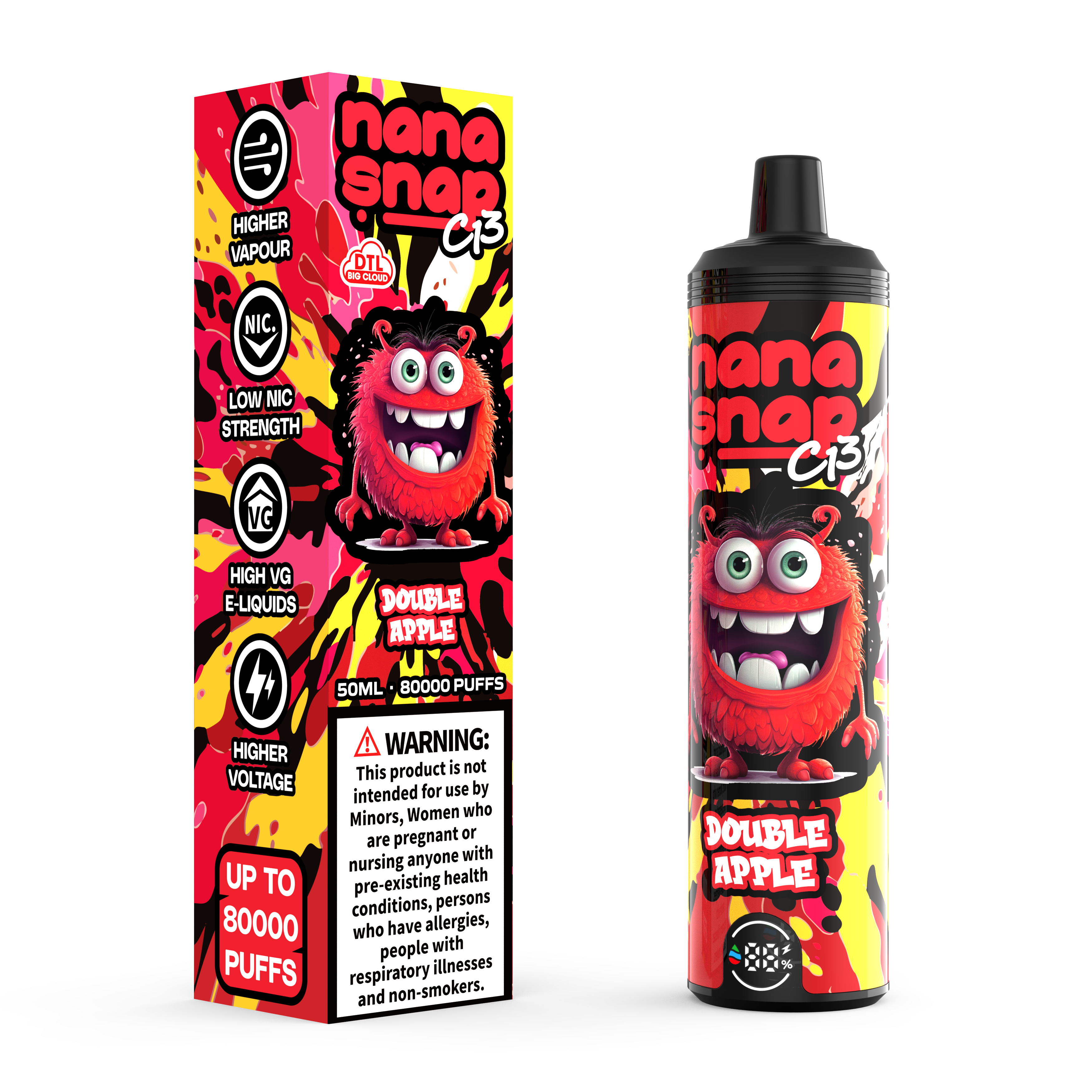 Alta qualidade nanasnap C13 80000 Puff 60000 50000 E Cigarro Pocket Pocket Golsewah Dtl Vaper 50ml E-líquido Dual malha dupla bobina UE Vape descartável 80k 60k 50k-duplo maçã