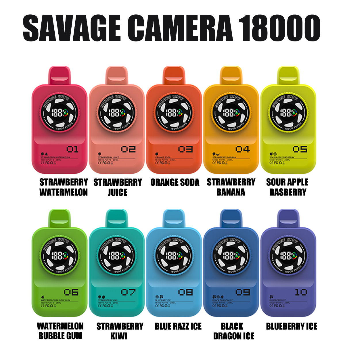 EU Warehouse Savage Camera 18000 Puffs 18k Vape descartável E Cigarro 2% 3% 5% Nic Salt - Morango Banana