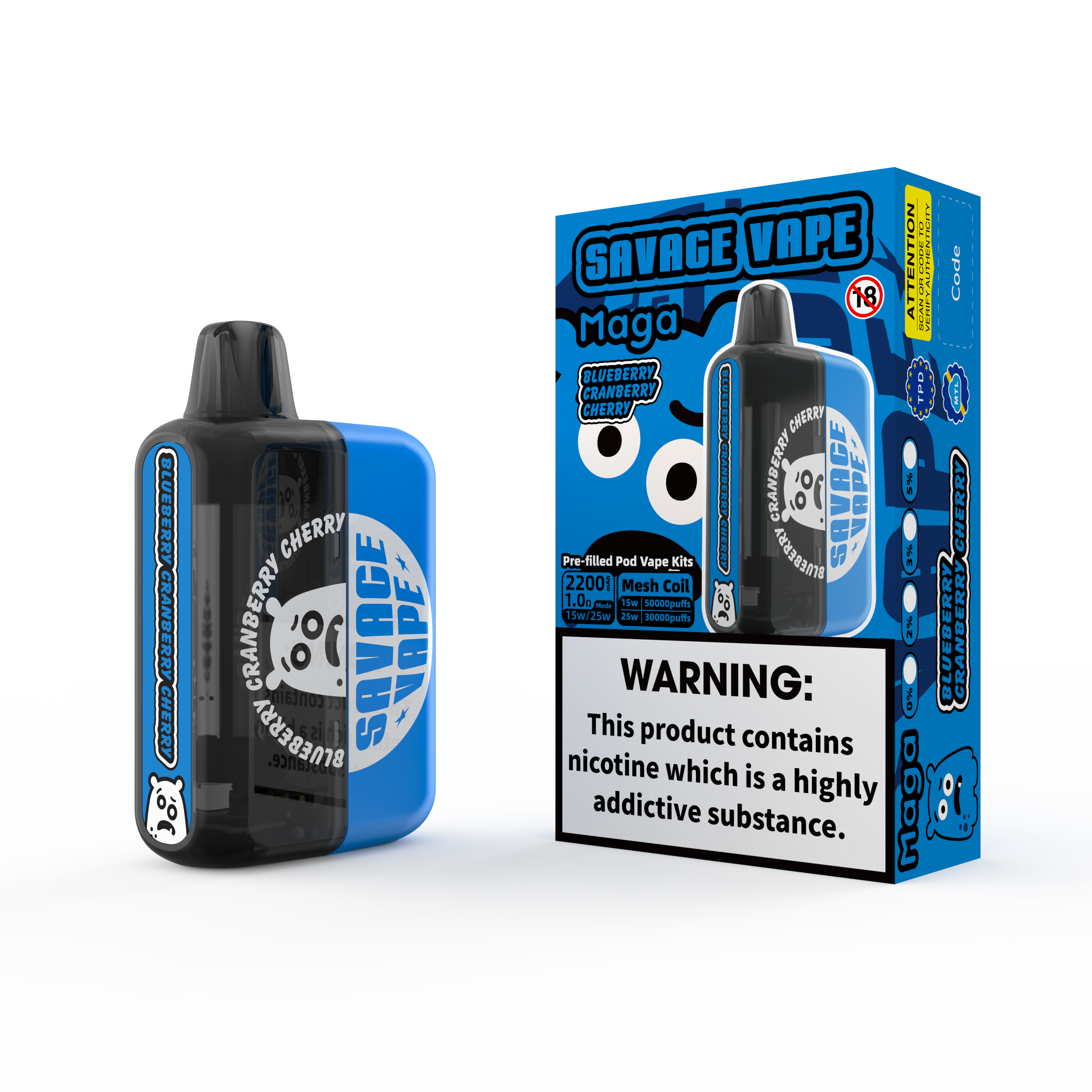 2025 NOVO Design Design UE Savage Maga 50000 Puff Kits de cartucho preenchidos preenchidos Vape descartável 50K-Blueberry Cranberry Cherry